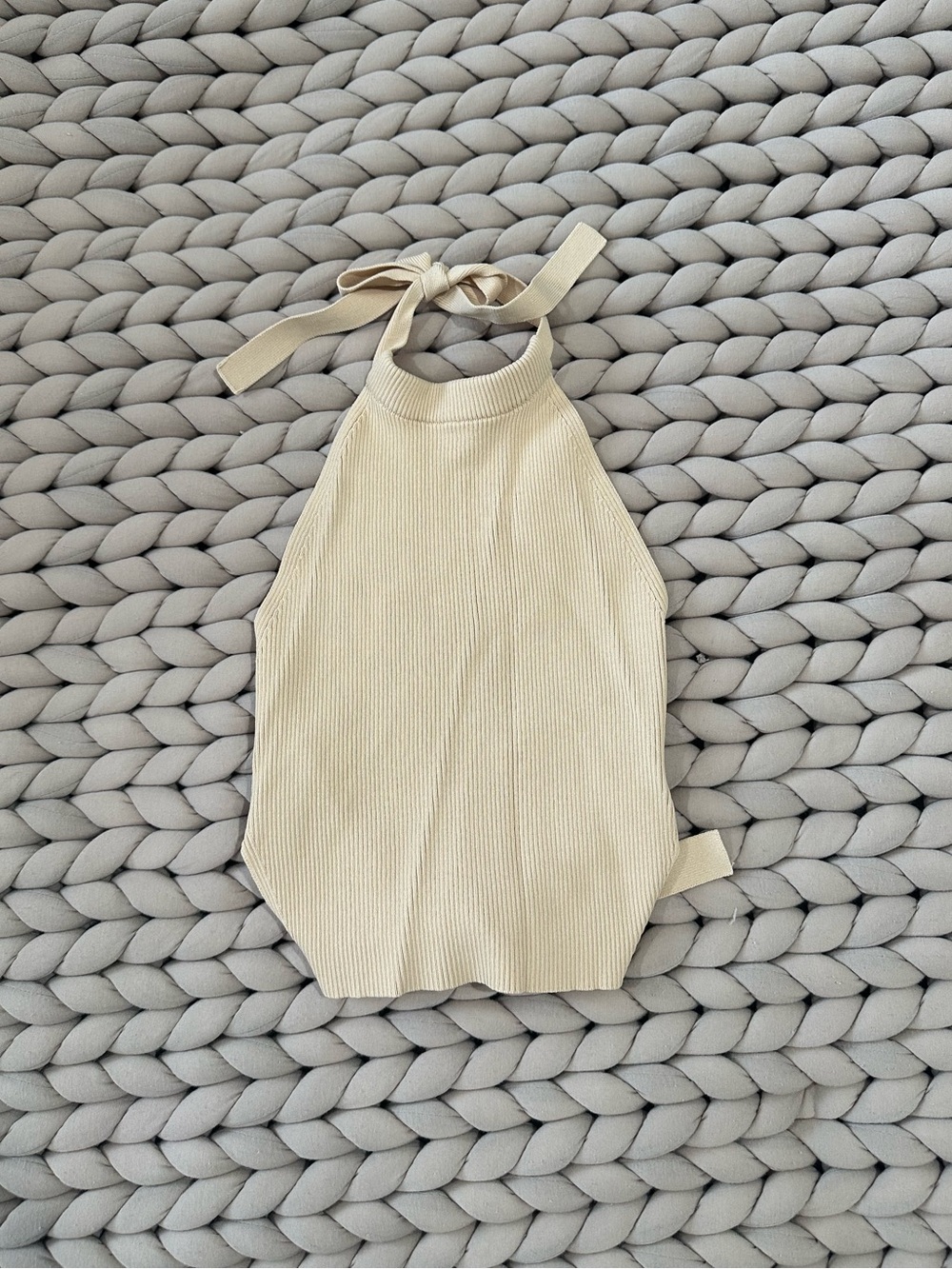 Zara Beige Ribbed Halter Top with Tie Neck